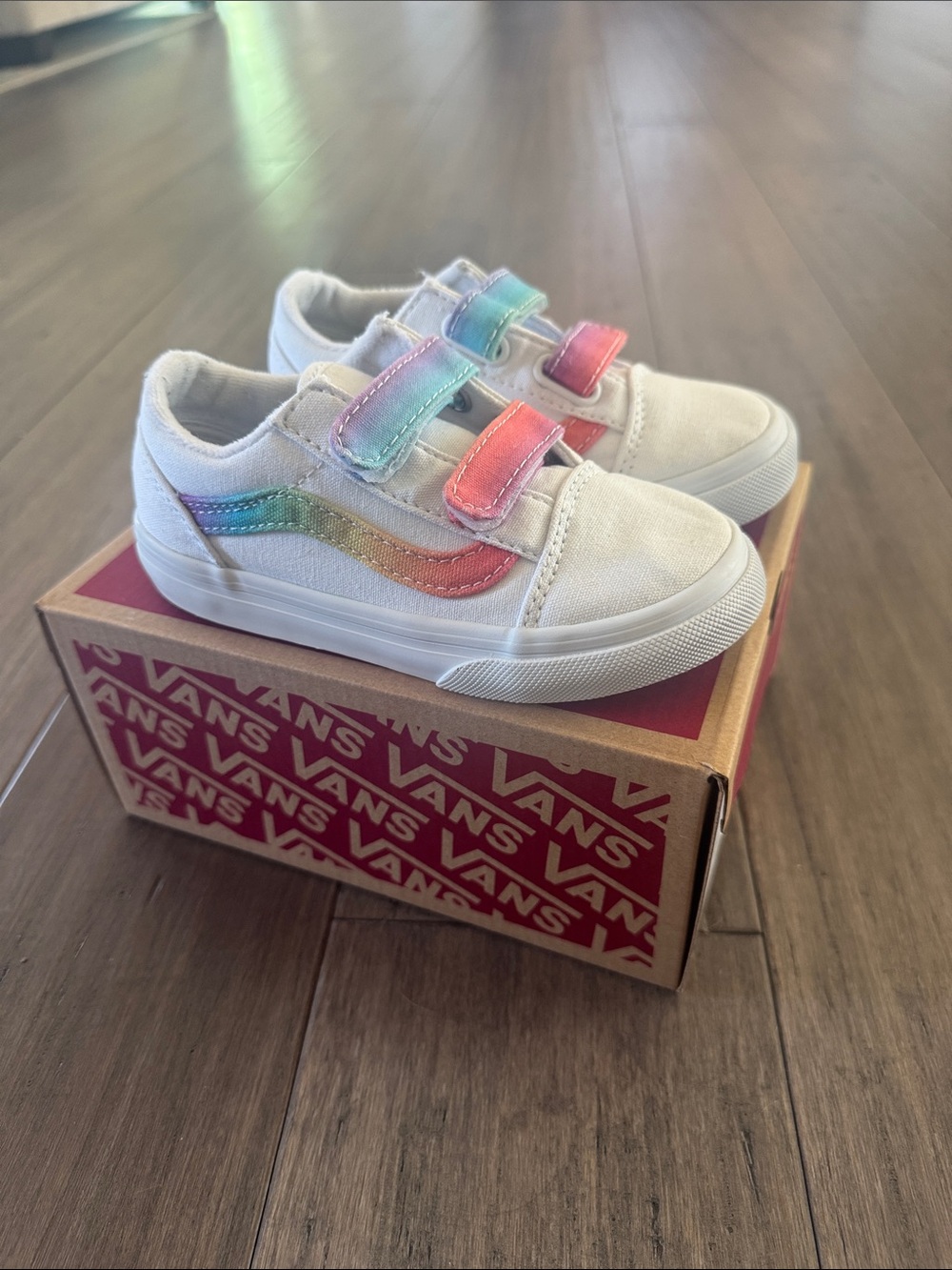 Vans Kids White Sneakers with Rainbow Velcro Straps